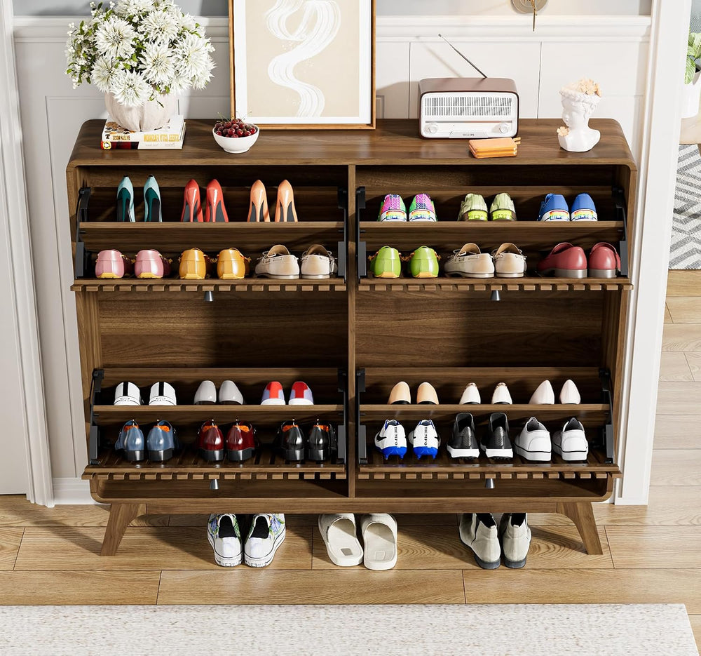 Jluomei Large Shoe Cabinet for Entryway, Bamboo Narrow Shoe Cabinet Storage w...
