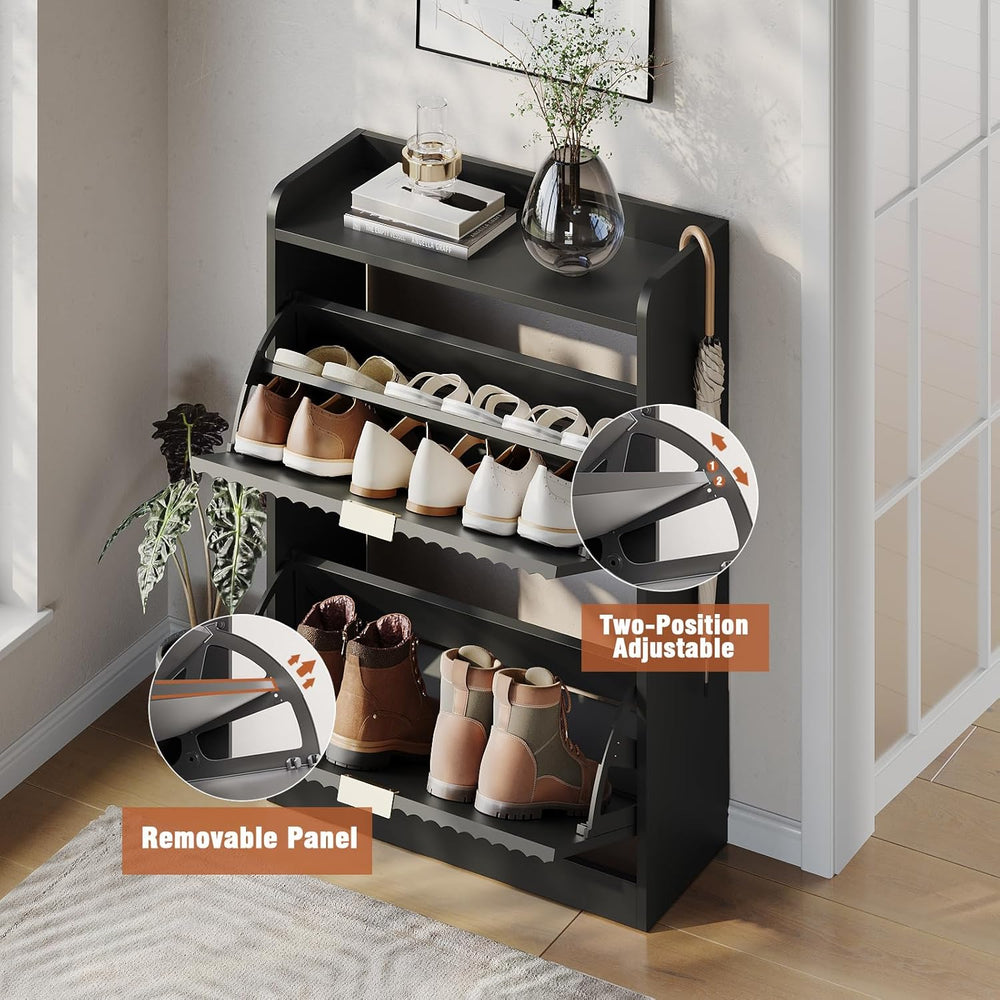 Black Fluted Shoe Cabinet, Narrow Entryway Storage Rack Organizer