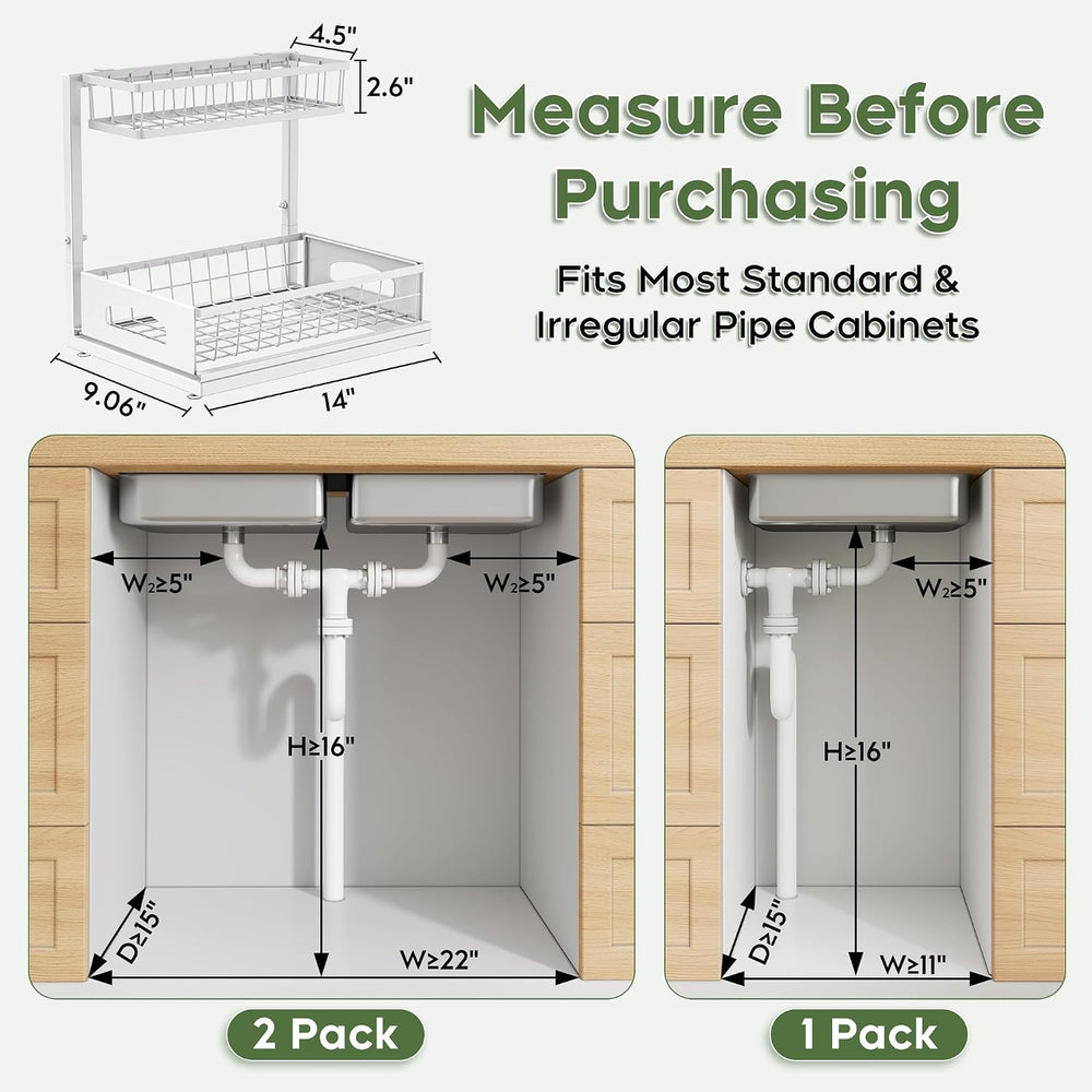 Under Sink Organizer, 2-Pack L-Shaped Metal Pull-Out Drawers for Kitchen