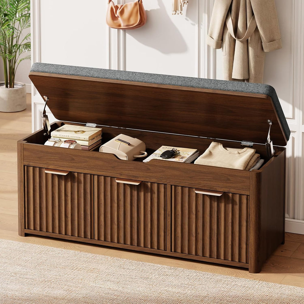 37.4" W Shoe Bench with Storage, Lift Top Entryway Bench, Walnut