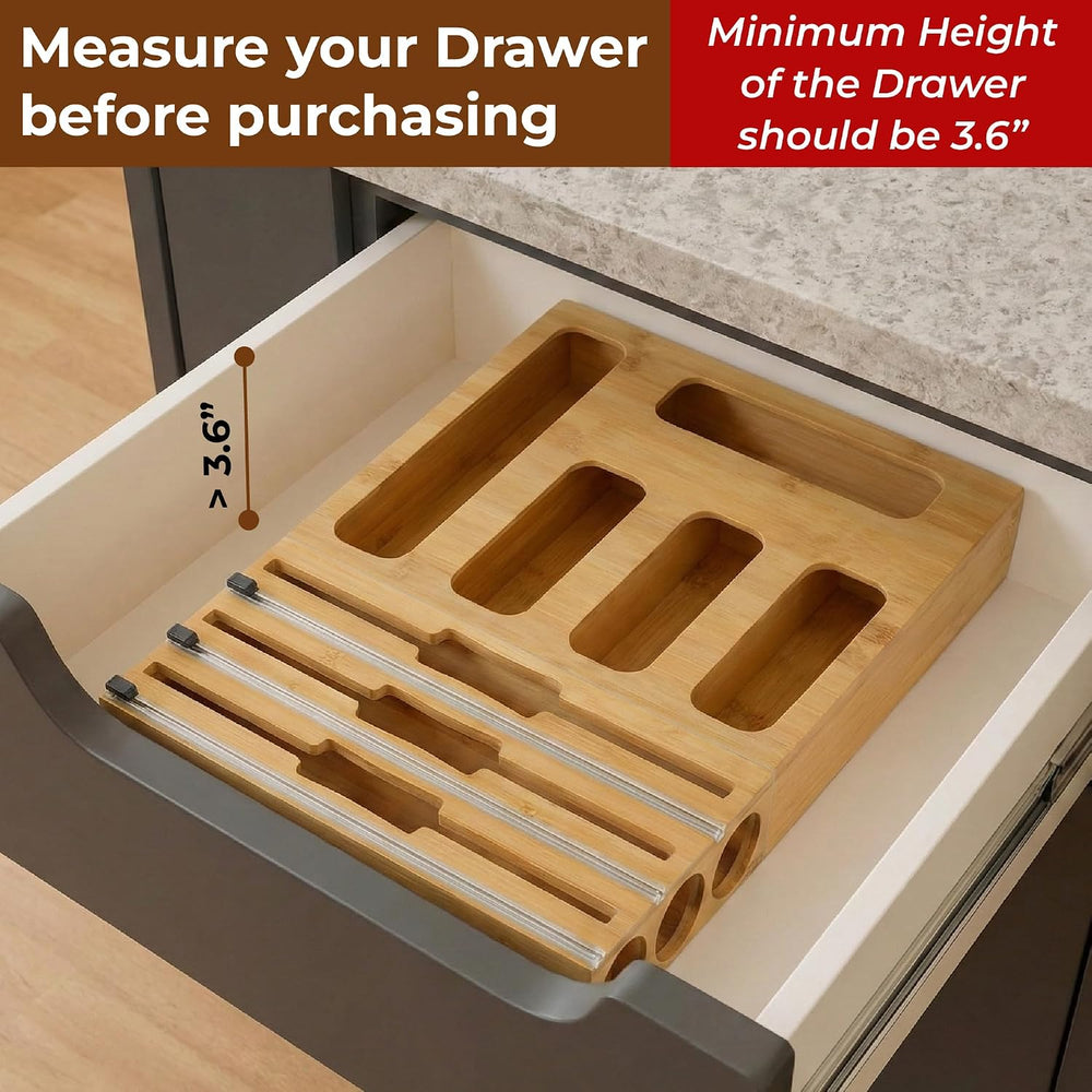 9-in-1 Bamboo Kitchen Drawer Organizer - Storage Bag Holder with Built-In Foi...