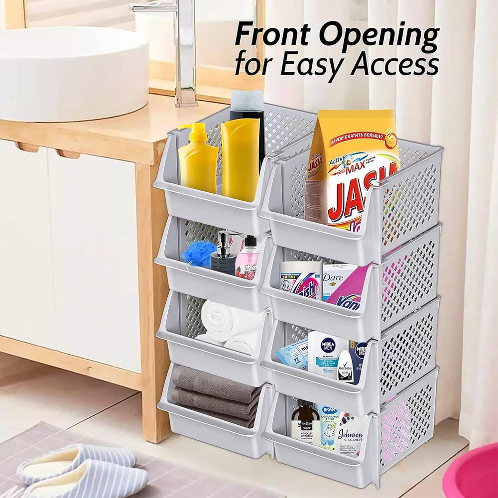 Stackable Storage Bins Open Front for Pantry Storage, 4 Pack - Light Grey