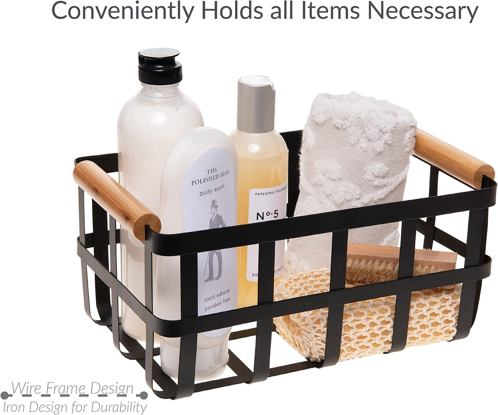 Simplify 2 Pack Rectangular Metal Storage Basket with Bamboo Handles | Large ...