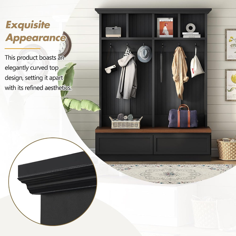 4-in-1 Hall Tree with Wood Grain Bench, Entryway Shoe Storage Organizer with ...