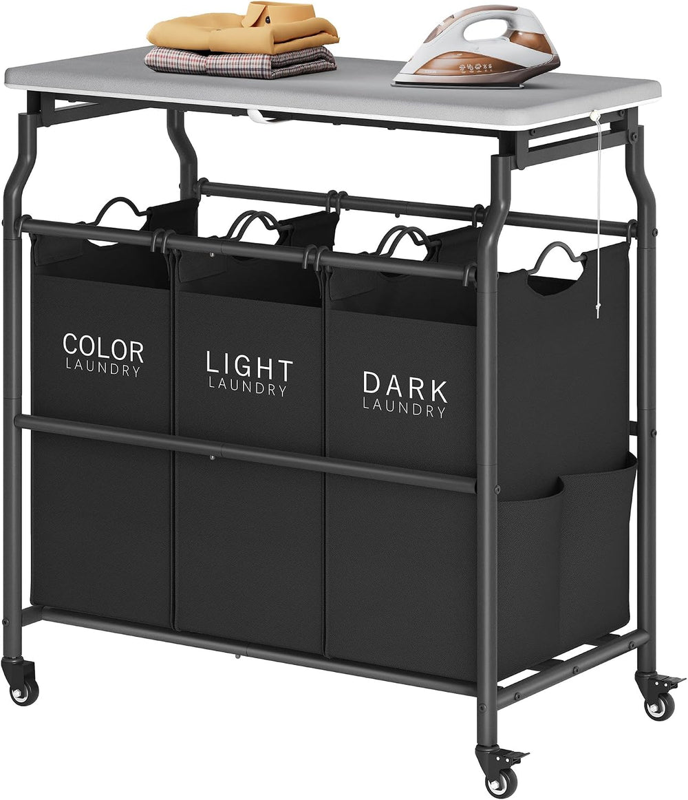 Hoctieon 3 Section Laundry Sorter with Iorning Board, Laundry Hamper, Black