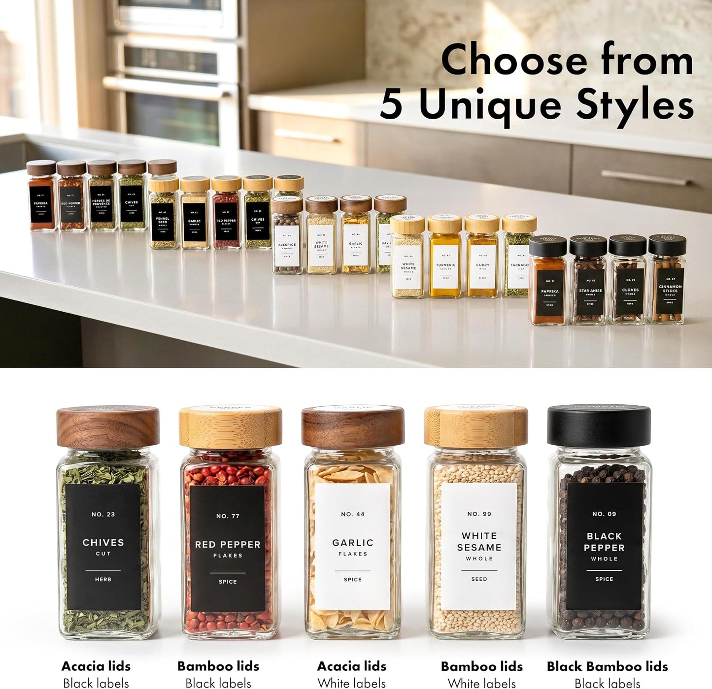 Glass Spice Jars with Label, 36x Bamboo Wooden Lids - White Labels | Airtight Lids keep spices fresh, Kitchen Spice Drawer Organizer, 4oz Seasoning Containers incl. Funnel, Brush & 240 Labels