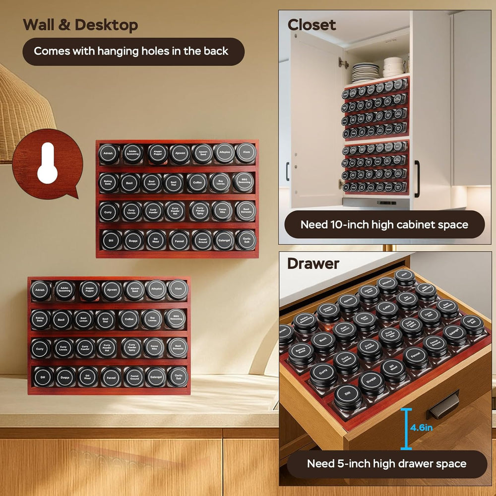 Bamboo Spice Rack Organizer with 28 Glass Spice Jars 4 oz Set Cherry Stain