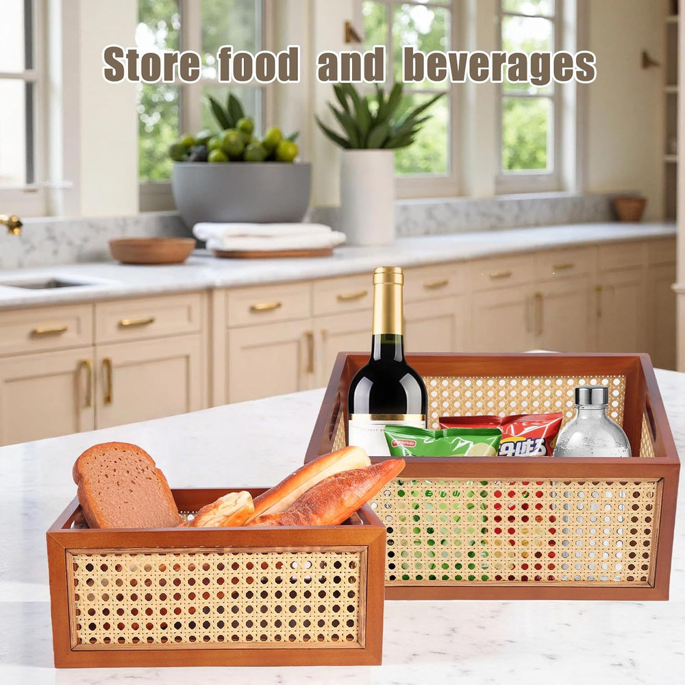 Rattan Storage Baskets Set, Wooden Frame with Woven Cane Design, Nesting Orga...