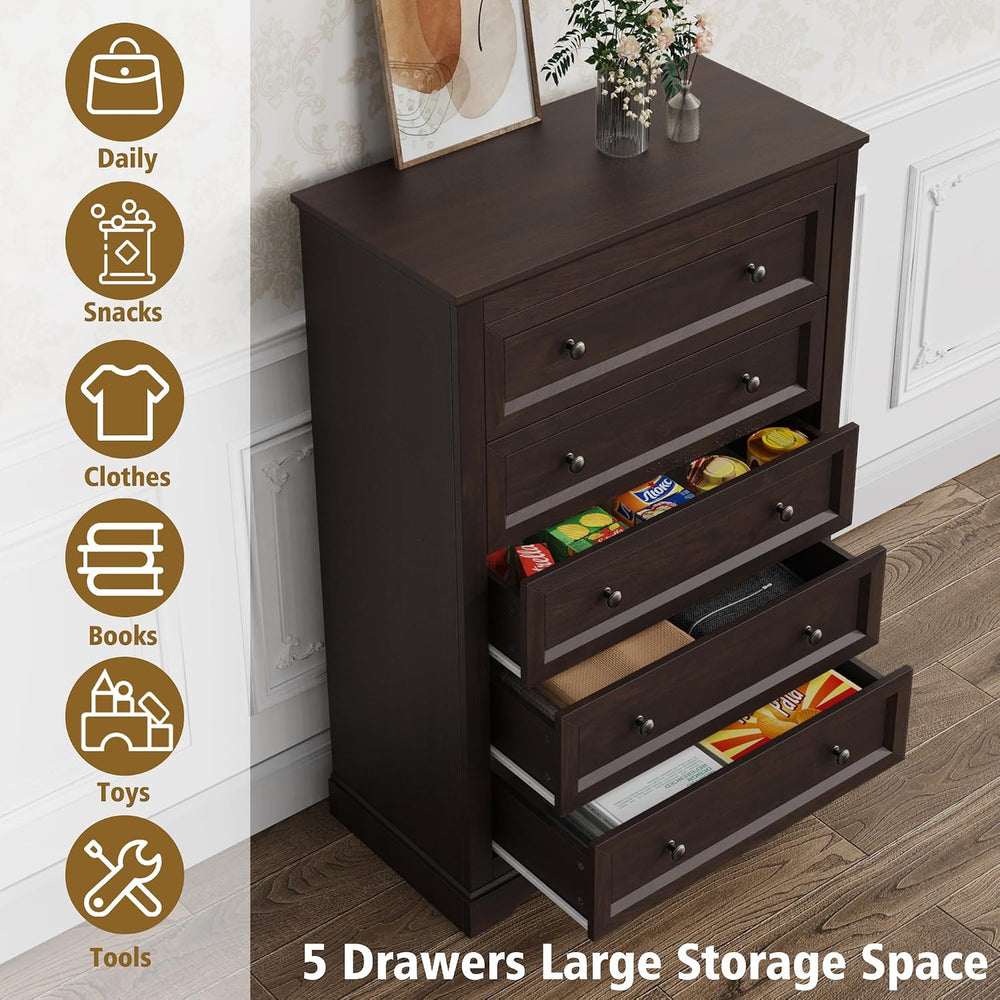 LOUVIXA Farmhouse Dresser 5 Drawer, Bedroom Chest of Drawers, Dressers with 5...