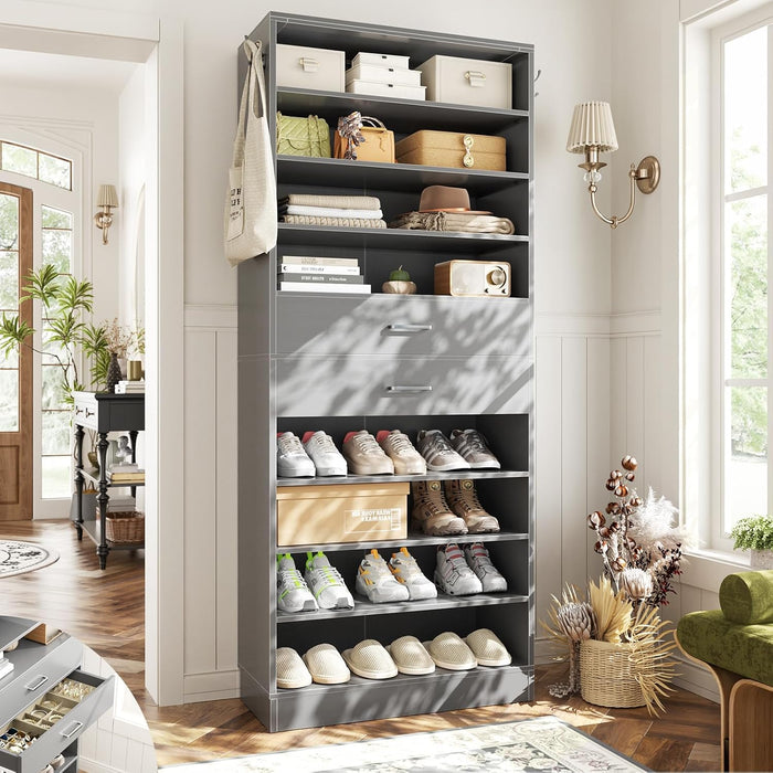 Aheaplus 10 Tiers Tall Shoe Cabinet, 25.6" Wood Sturdy Shoe Rack, Grey