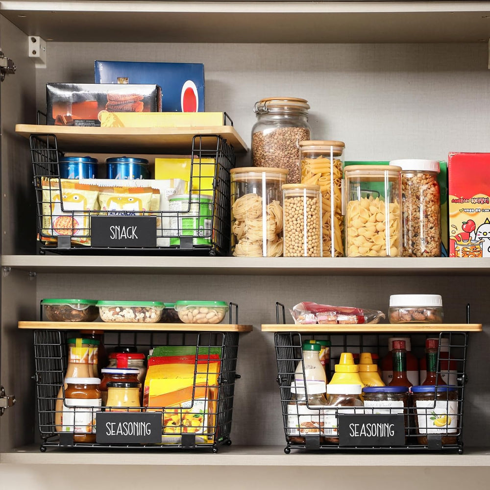 1 Set Stackable Wire Basket with Bamboo Top - Kitchen Counter, Pantry Organiz...