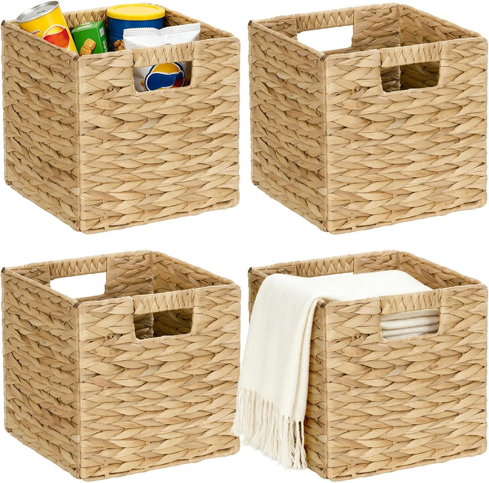 Water Hyacinth Storage Baskets 9in, 4 Pack Wicker Storage Cubes with Handles,...