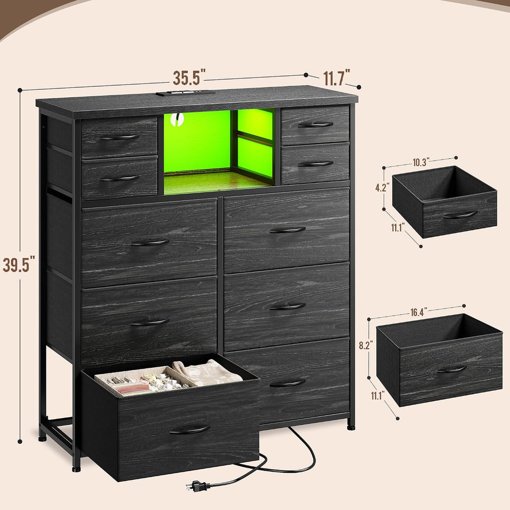 Romorgniz Black Dresser for Bedroom with 10 Drawers, LED & Charging Station