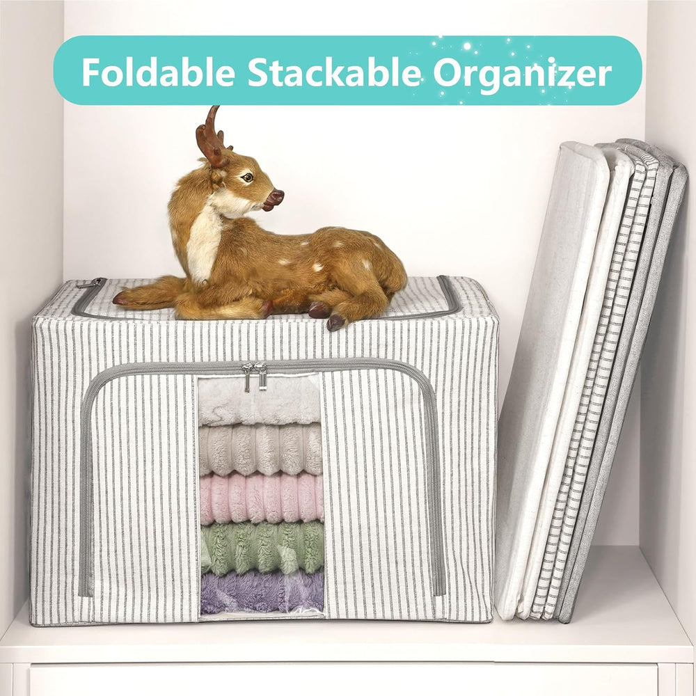 3 Pack Clothes Storage Bins, Foldable Metal Frame Storage Box with Lids,Stack...