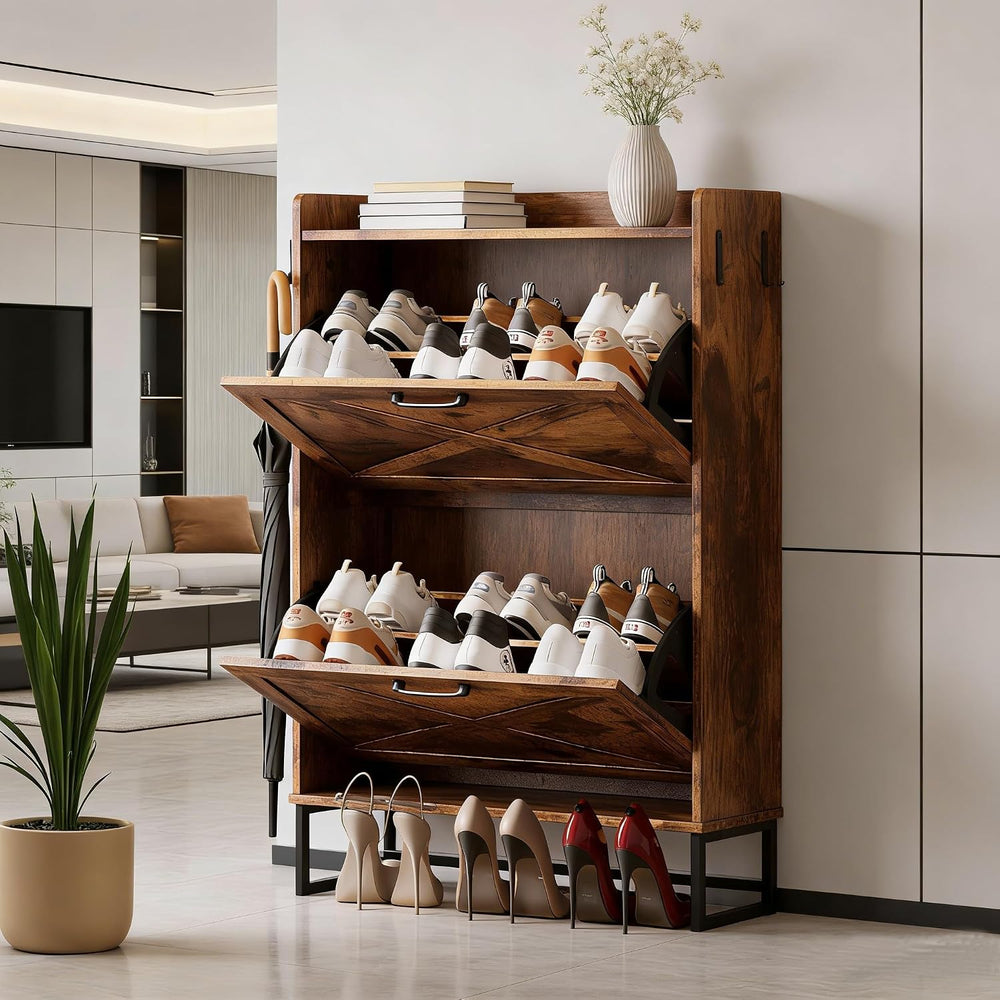NUNU LAB Farmhouse Shoe Cabinet Storage for Entryway with 2 Flip Drawers &...
