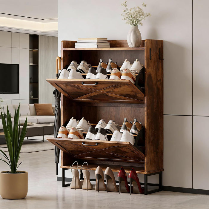 NUNU LAB Farmhouse Shoe Cabinet Storage for Entryway with 2 Flip Drawers & Adjustable Shelf, Narrow hidde Shoe Organizer for Entryway Holds 12+ Pairs – Holds 12+ Pairs