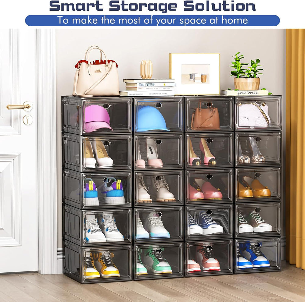 Shoe Storage Box, 9 Pcs Shoe Box Clear Plastic Stackable, Sturdy Foldable Sho...