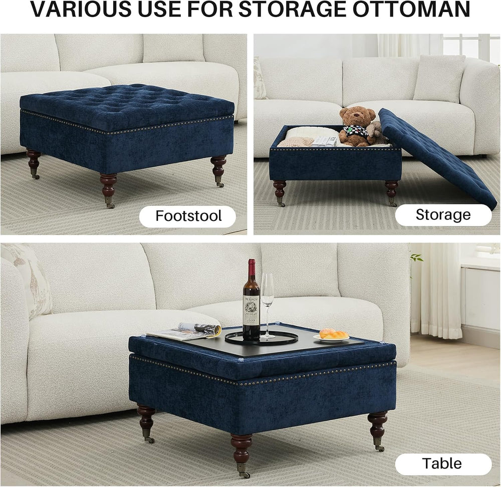 Large Square Storage Ottoman Tufted Button Coffee Table, Dark Blue