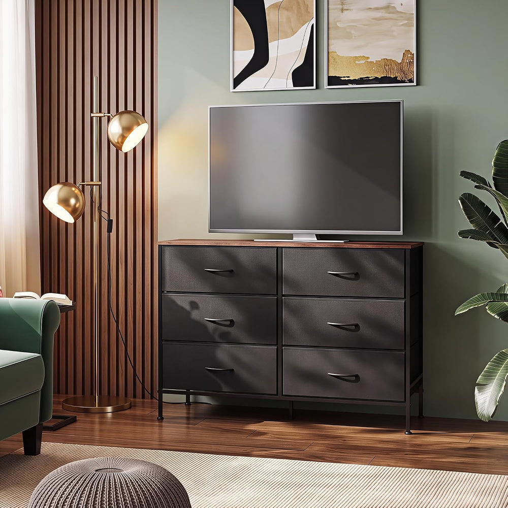 WLIVE Dresser for Bedroom with 6 Fabric Drawers, Black and Rustic Brown