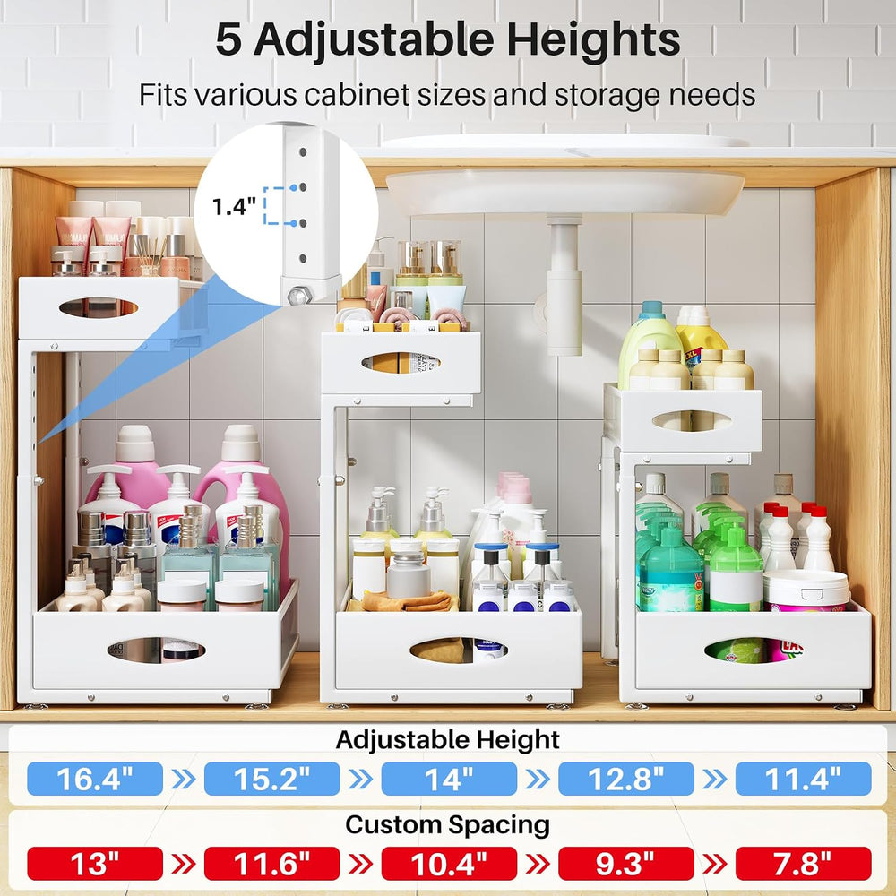 Under Sink Organizer, 2 Pack 2 Tier Pull Out Under Cabinet Organizer Shelf wi...