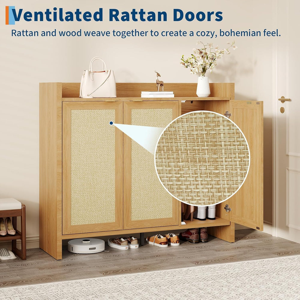 6-Tier 41" Tall Rattan Shoe Storage Cabinet with 3 Doors and Adjustable ...
