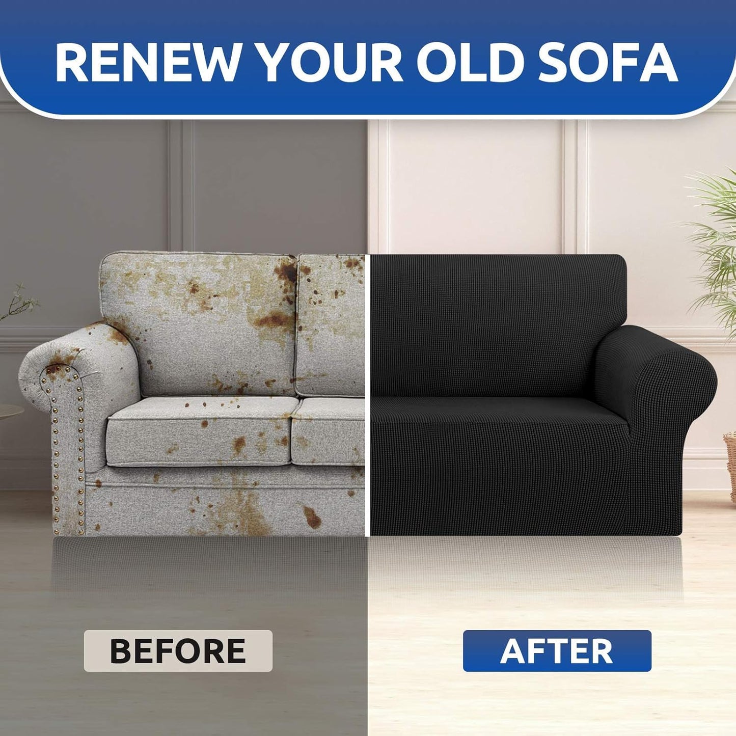 KEKUOU Stretch Sofa Cover Slipcover ,Couch Covers for 3 Cushion Couch Sofa pet Friendly (78"-94") Furniture Protector Sofa with Elastic Bottom for Kids,Dog, Jacquard Small Checked(Large,Black)