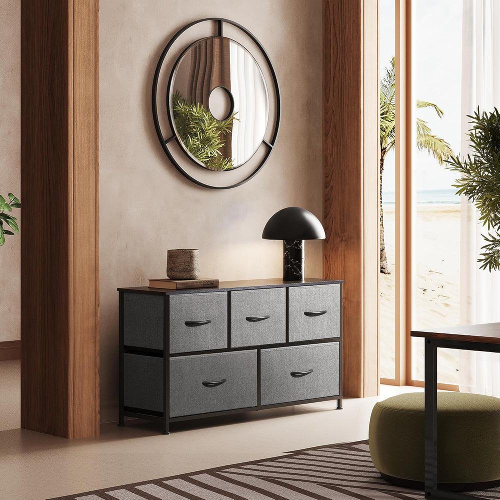WLIVE Wide Dresser for Bedroom, 5 Drawer Chest of Drawers, Dark Grey