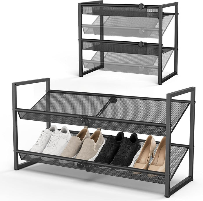 2-Tier Expandable Shoe Rack for Closet, Entryway & Garage, Black