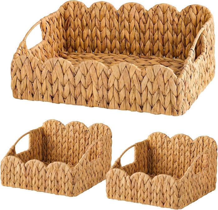 Lemonroad Scalloped Basket Set of 3, Handwoven Rattan Storage Baskets