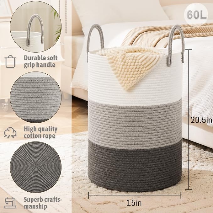 Laundry Basket, Woven Cotton Rope Laundry Hamper, 60L - Image 6