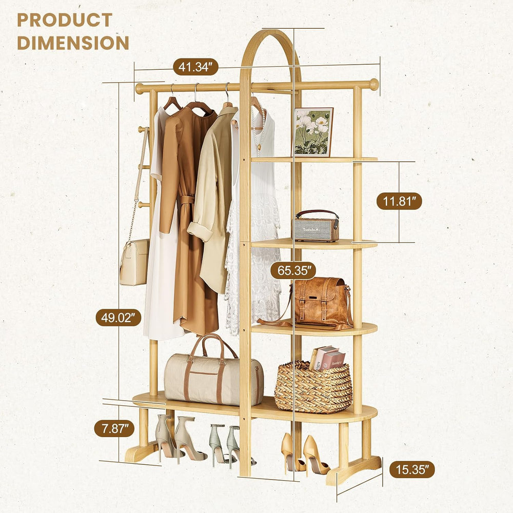 41.3" Wide 3-in-1 Freestanding Clothing Rack, Wooden Coat Rack with 4 Sh...