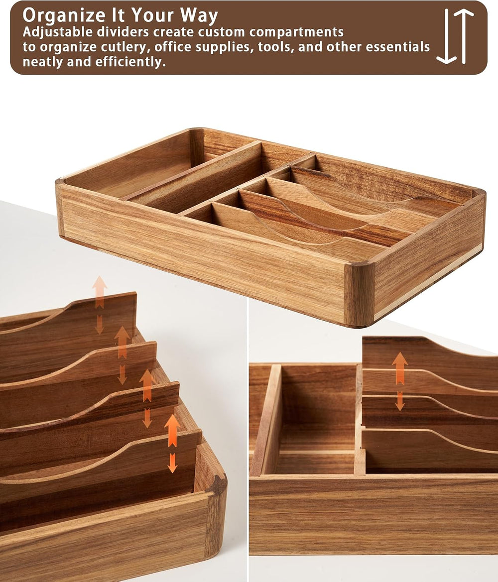 Silverware Drawer Organizer, Acacia Wood Tray for Cutlery & Flatware | Fi...