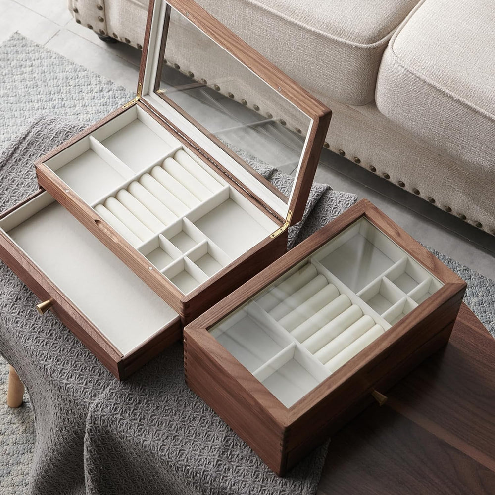 Beexchange Black Walnut Wooden Jewelry Box - Allwood, Handcrafted, Glass Lid ...