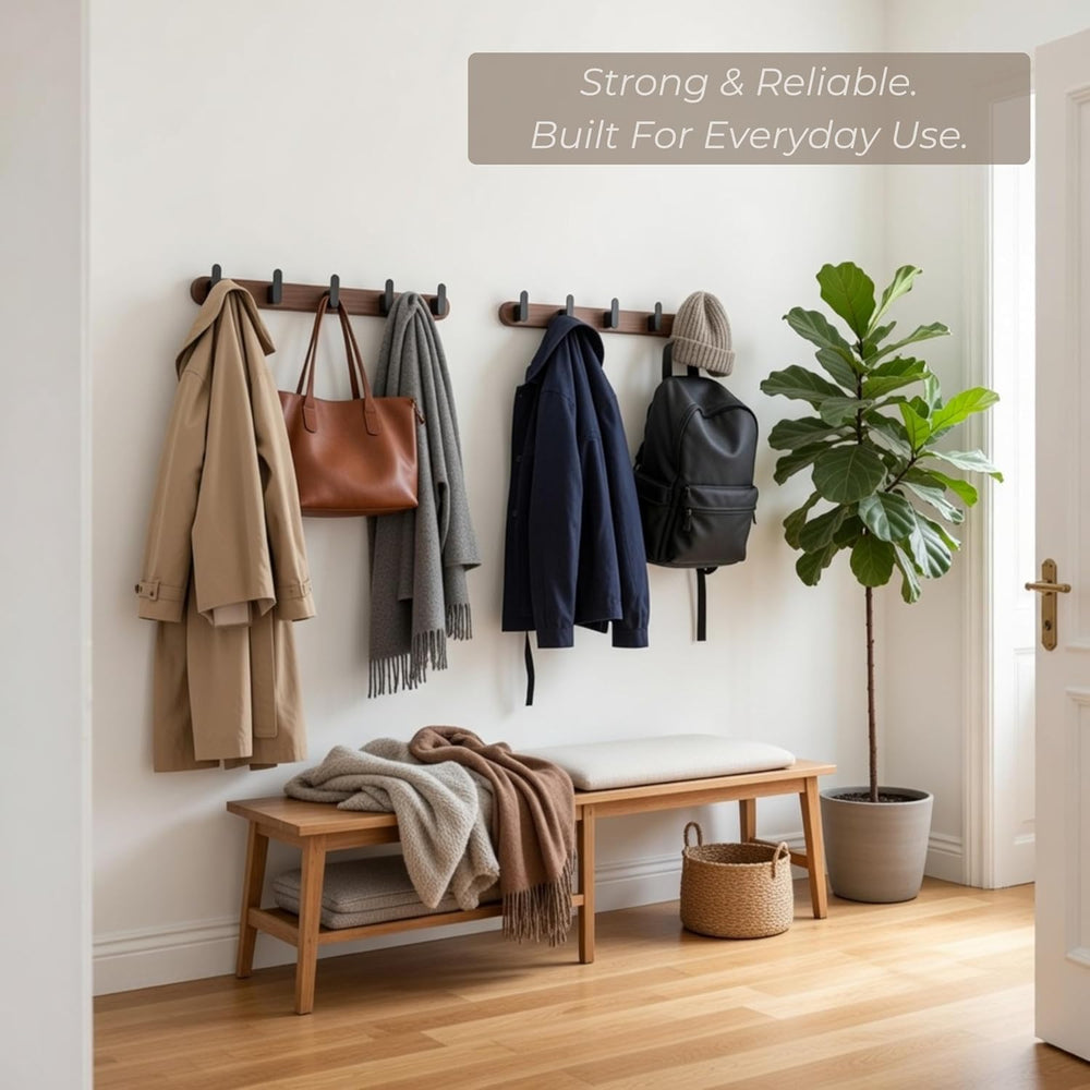 Jugen Coat Rack Wall Mount – Solid Black Walnut with 5 Heavy Duty Matte Black...