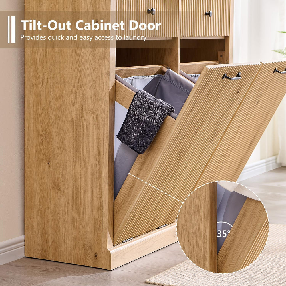 IFBUY Double Tilt Out Laundry Hamper Cabinet, Modern Trash Cabinet, Natural