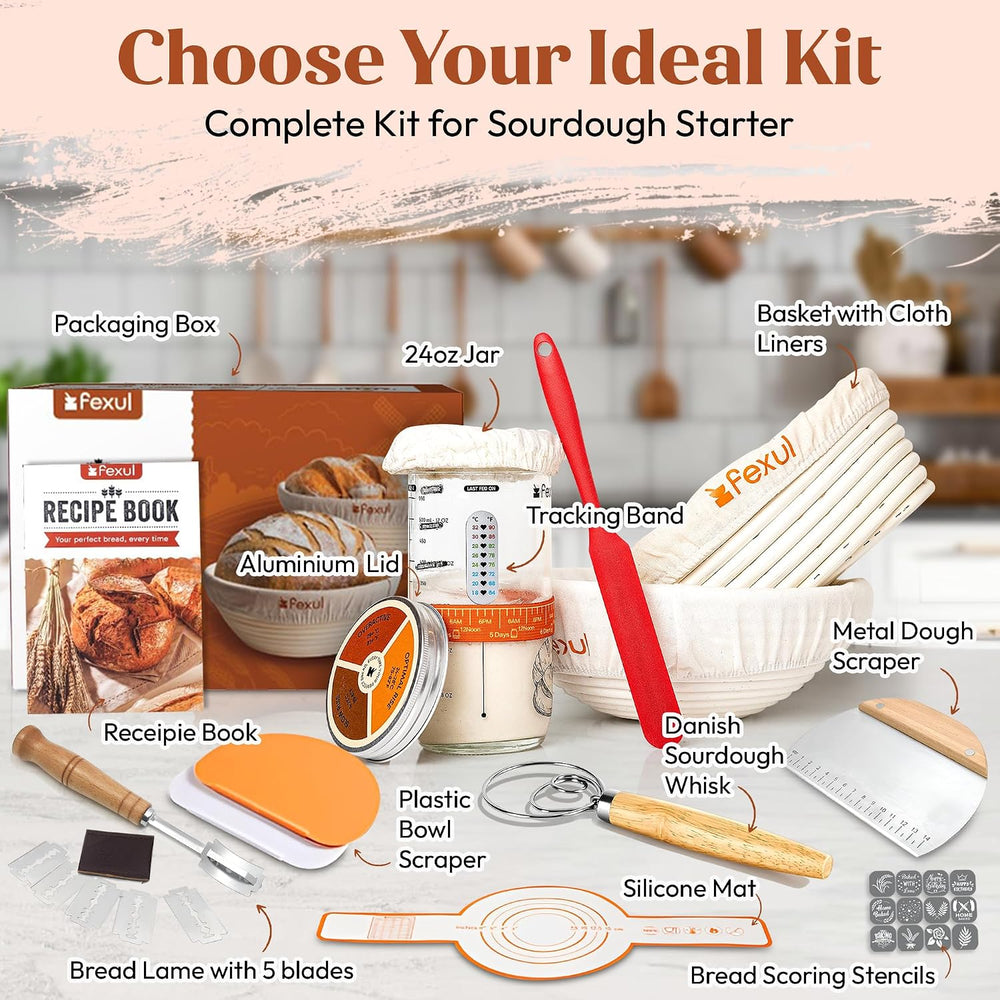 Sourdough Starter Kit with 9” Round & 10” Oval Banneton Bread Proofing Ba...