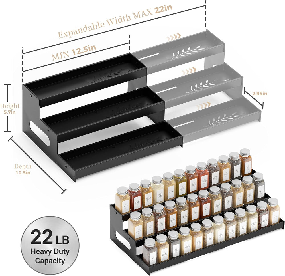 3-Tier Expandable Spice Rack Organizer for Cabinet, Countertop, Black