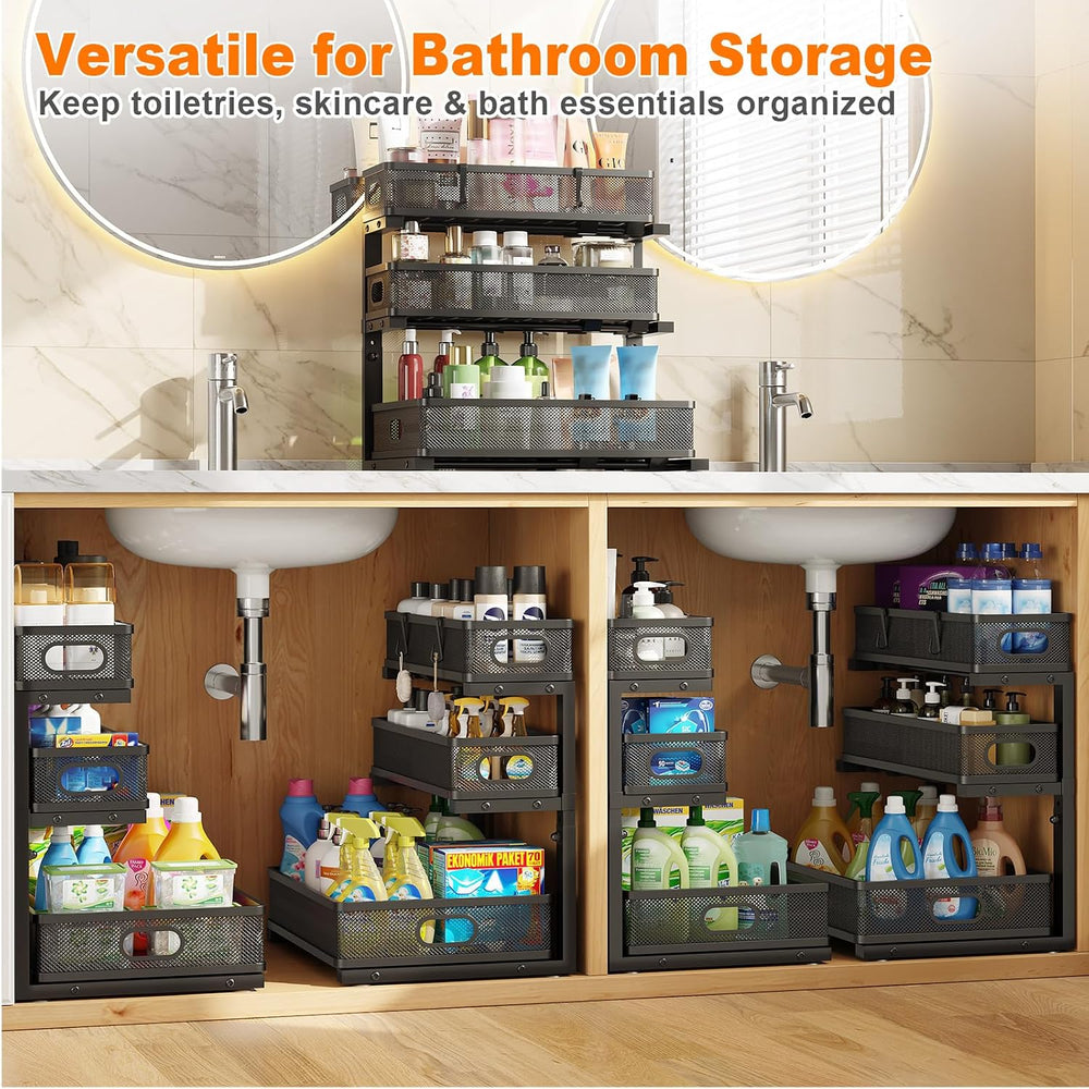 2 Pack 3 Tier Under Sink Organizer,Kitchen Cabinet Undersink Storage Drawer