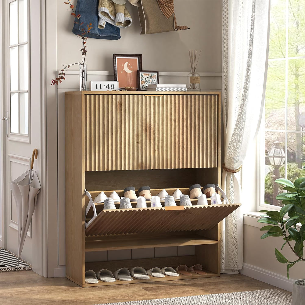 Takywep Fluted Shoe Cabinet for Entryway, Slim Freestanding Shoe Storage with...