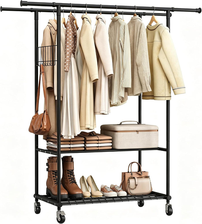 Double Rods Clothes Rack with Wheels, Heavy Duty Rolling Clothing Rack with Shelves and Side Hooks for Hanging Clothes Max Load 550 lbs, Black Metal Adjustable Portable Garment Rack