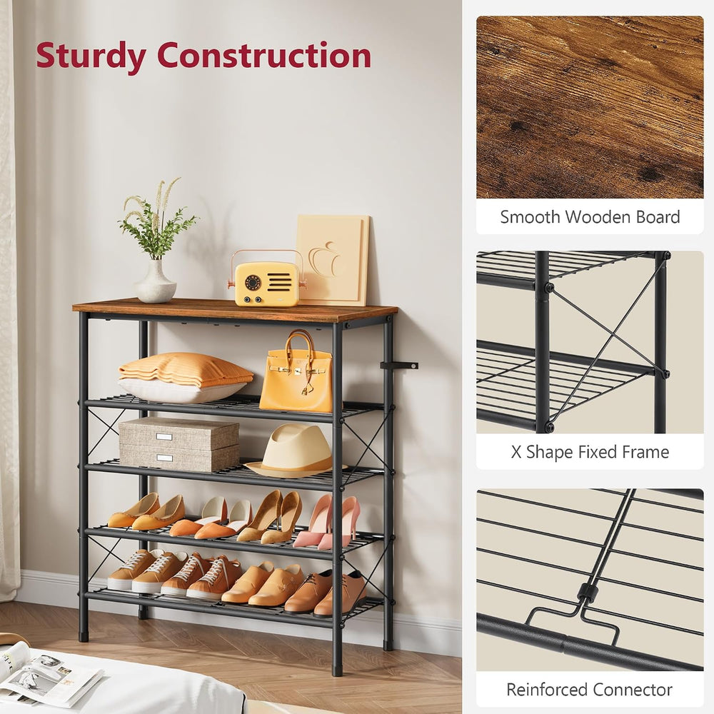 Tajsoon 5 Tier Shoe Rack for 16-20 Pairs of Shoes, Rustic Brown & Black