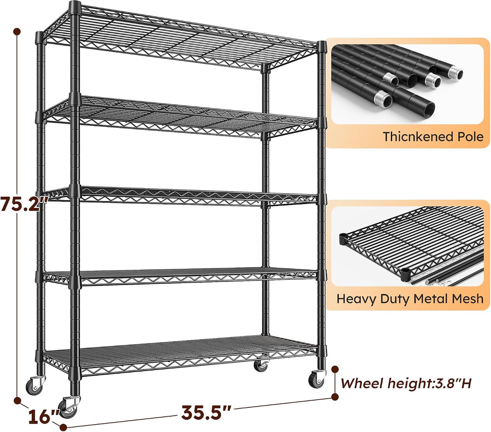 REIBII 1984LBS Heavy Duty Wire Shelving Unit with Wheels, 75.2" H Storag...
