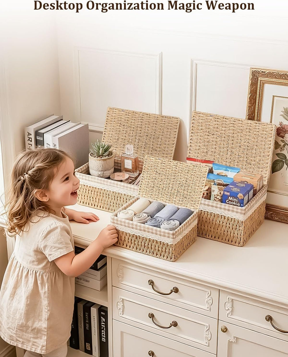 Set of 3 Wicker Storage Baskets with Lid and Liner Woven Storage Bins