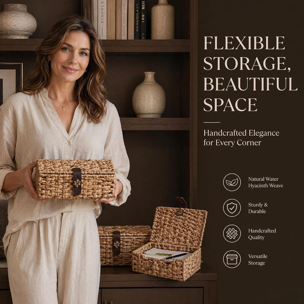 2 Pcs Decorative Box with Lid, Wicker Storage Basket, Water Hyacinth Woven De...