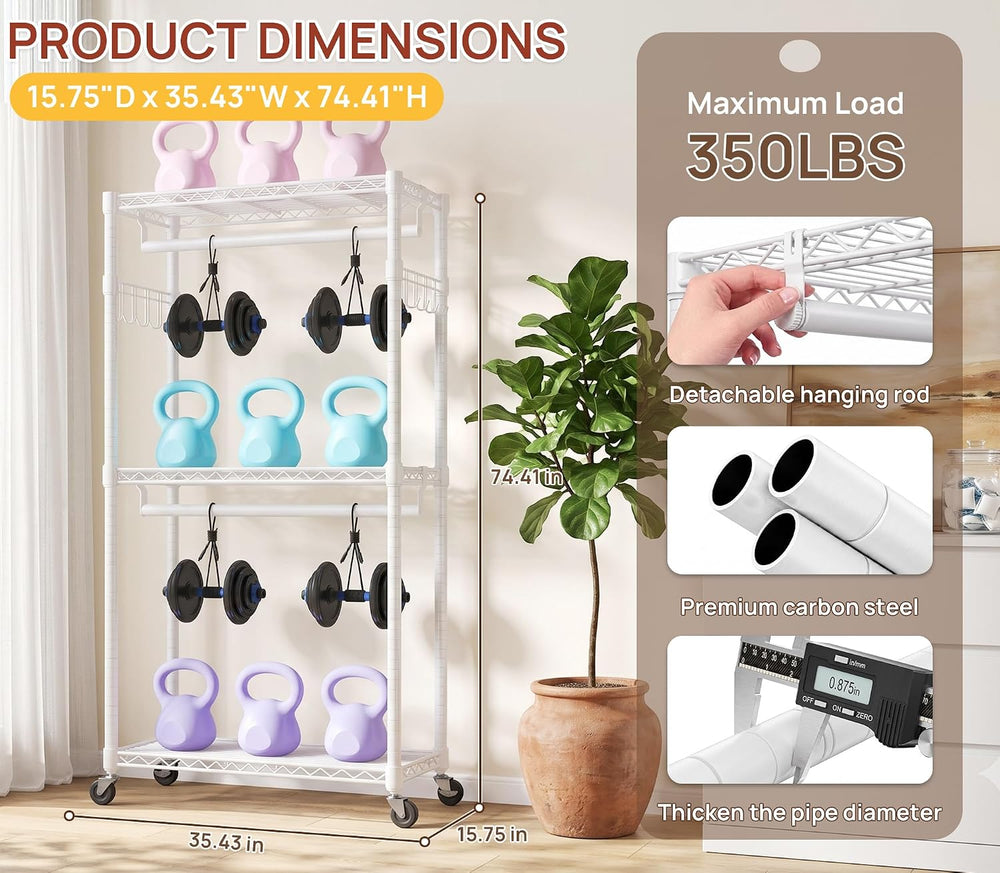 Alpen Double Hanging Rrods Clothes Rack wih Wheels, Easy to Assemble, White