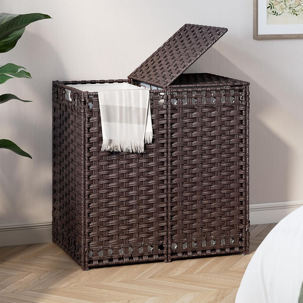 170L Foldable Laundry Hamper with Lid - Handwoven Rattan Storage Basket, 2-Se...