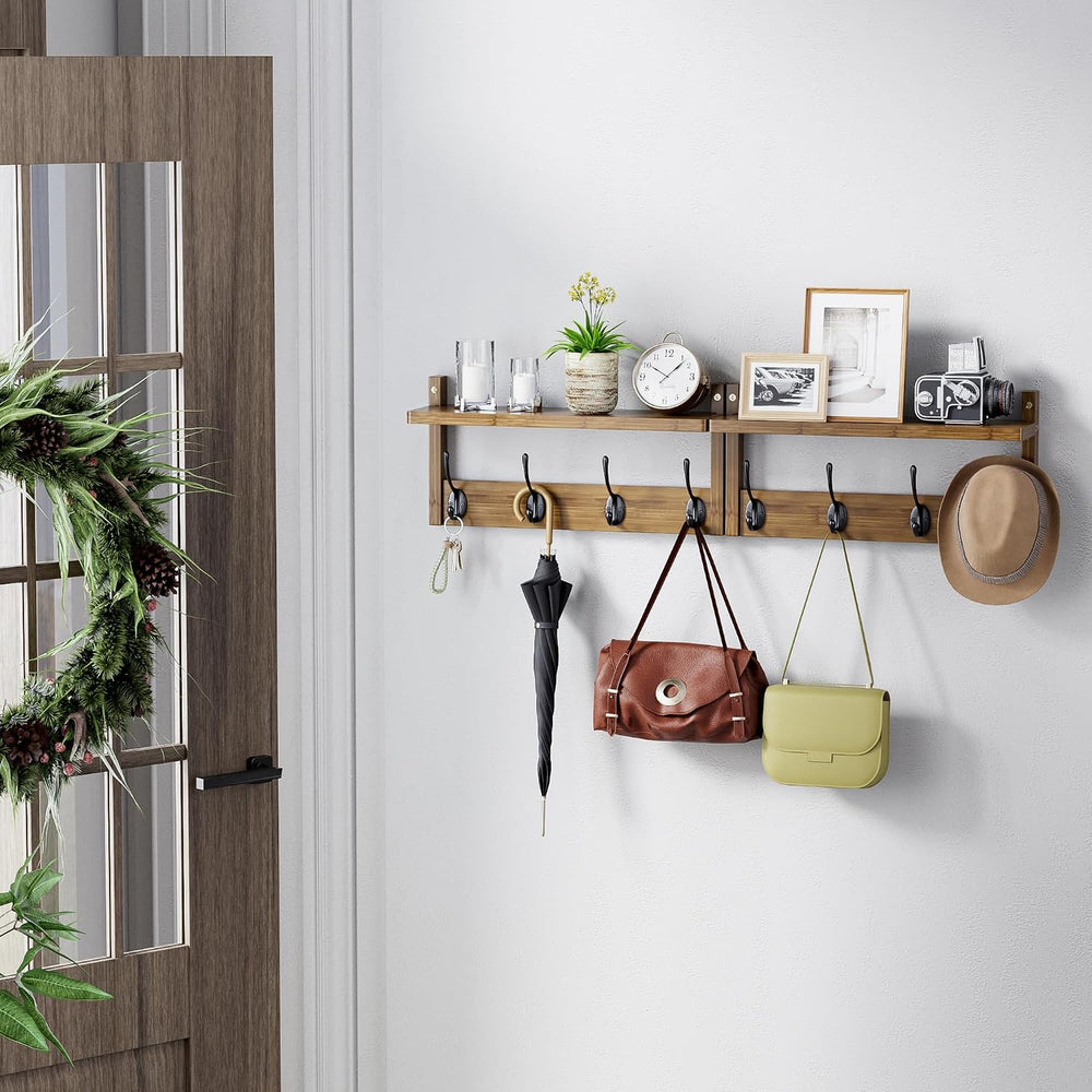 STELLSTAR Coat Rack with Shelf Wall Mount, Entryway Bamboo Hanging Shelf, Set...