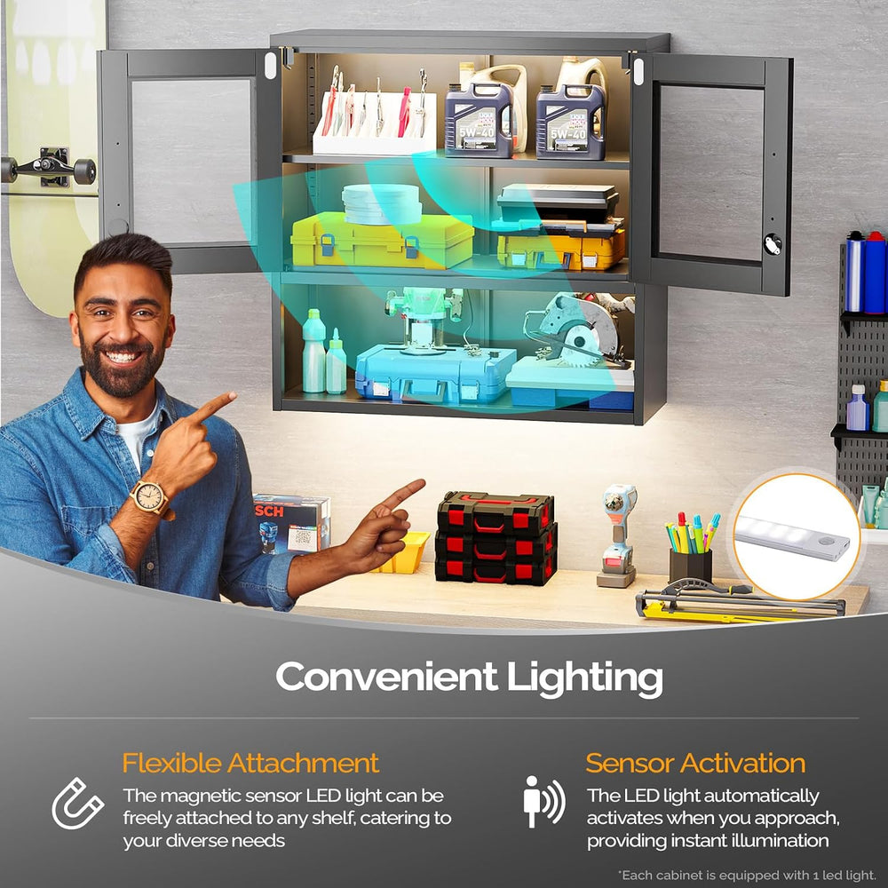 VINGLI Metal Wall Cabinet with Locking Glass Doors & Magnetic LED Sensor ...