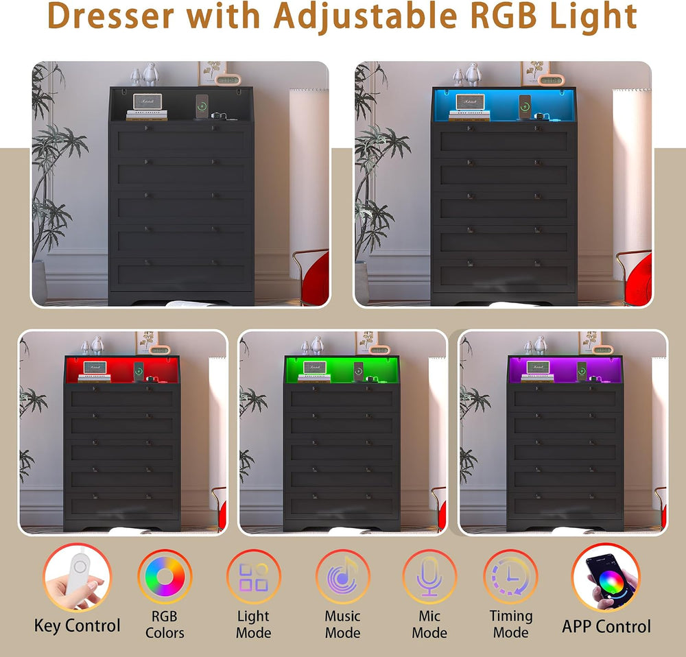 Black Dresser Tall 5 Drawer Dresser for Bedroom, Wood Chest of Drawers with L...