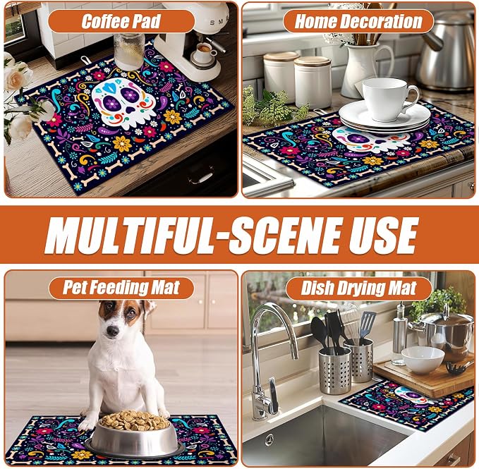 Sugar Skull Dish Drying Mat for Kitchen Counter Microfiber Absorbent Dish Day - Image 7